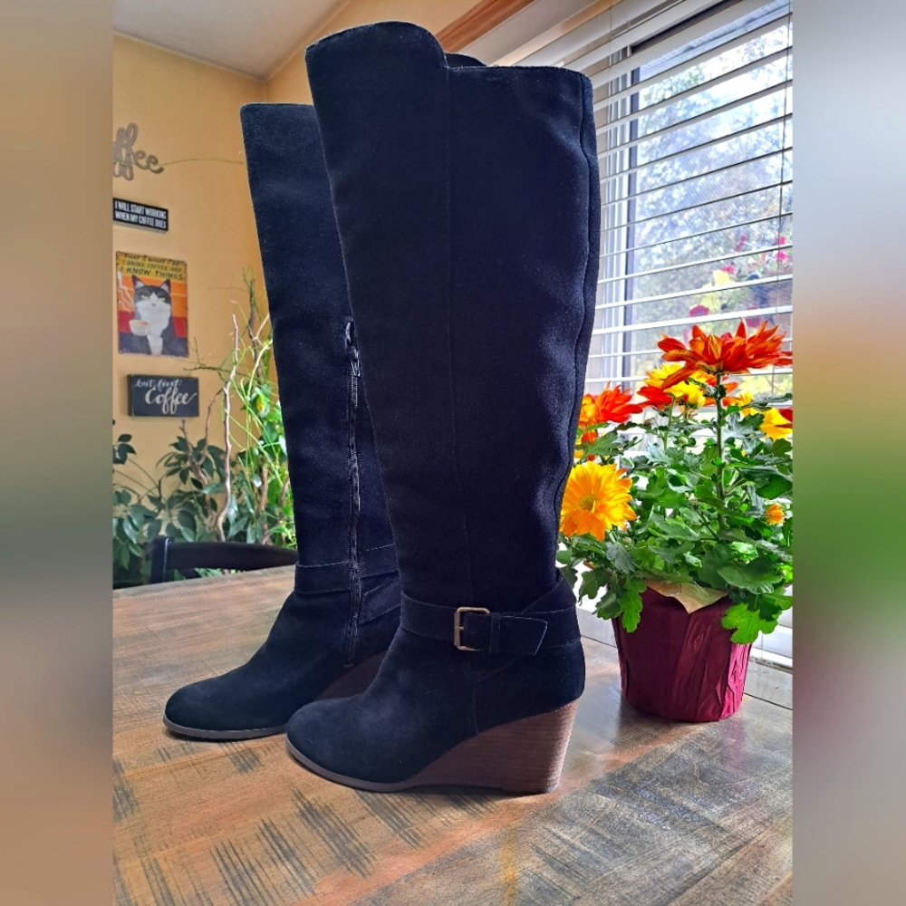Womens Suede Leather Wedge Heel Knee High Tall Boots Size 10 Black